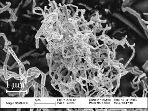 Scanning electron micrograph of carbon nanofilaments produced by solar thermal decomposition of methane.